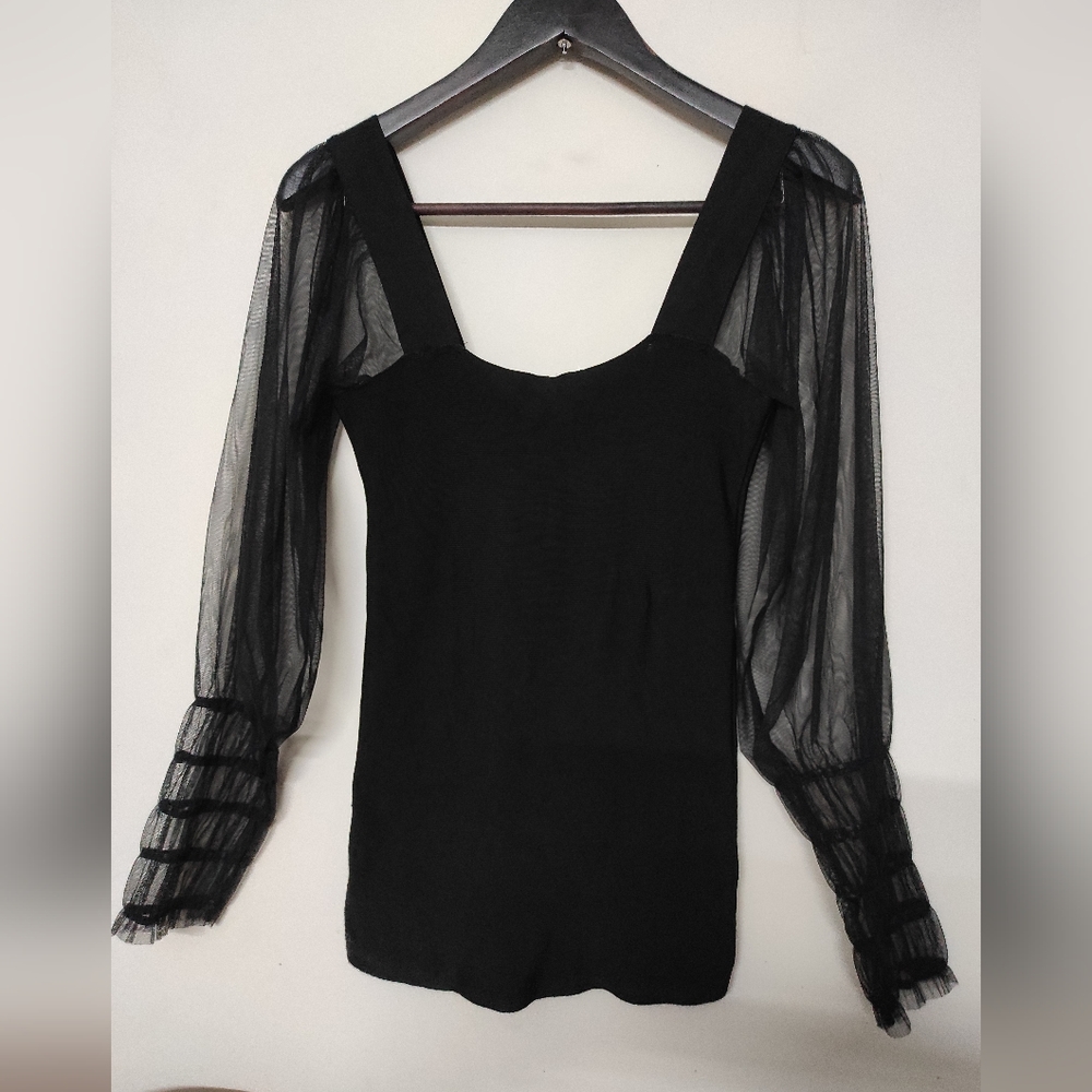 MNG Black Puffed Mesh Sleeve Top - Picture 2 of 12